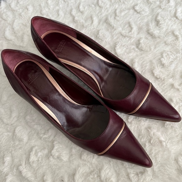 FURLA Leather Pointed Toe Kitten Heel Pumps in Burgundy - Picture 2 of 10